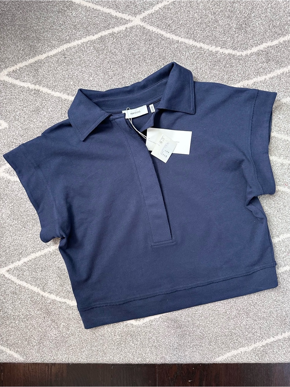 H&M Studio Navy Blue Short Drop Sleeve Terrycloth Collared Top